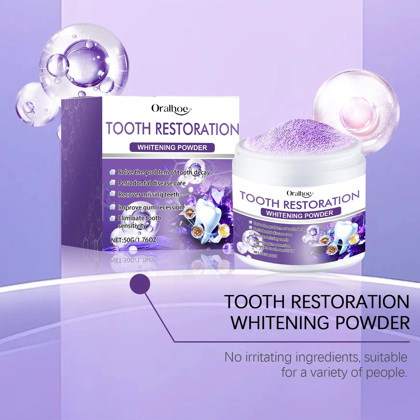 Oralhoe 50g Purple Teeth Bleaching Powder Improve Bad Breath Reduce Plaque Stain Oral Hygiene Care Clean Teeth Whitening Powder