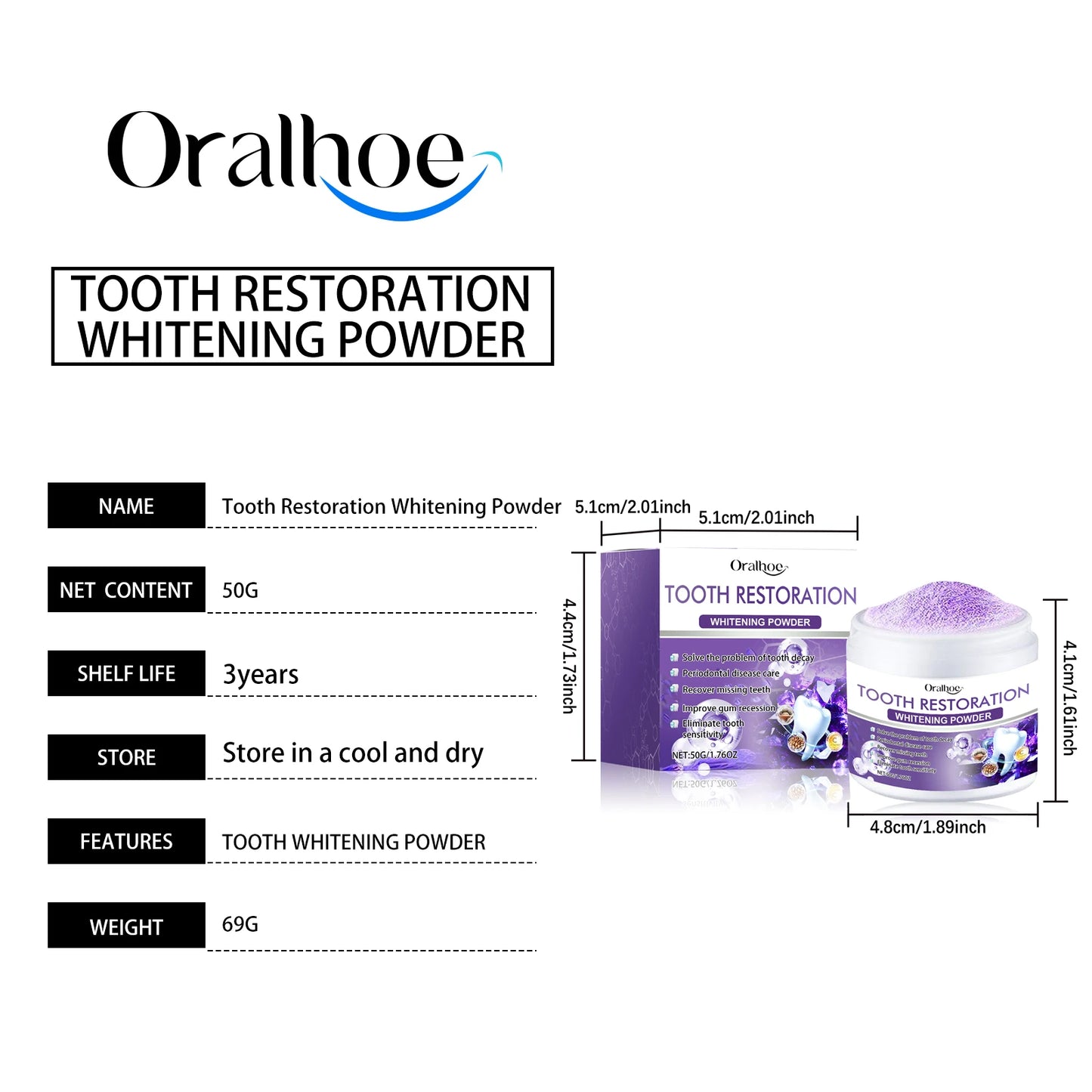 Oralhoe 50g Purple Teeth Bleaching Powder Improve Bad Breath Reduce Plaque Stain Oral Hygiene Care Clean Teeth Whitening Powder