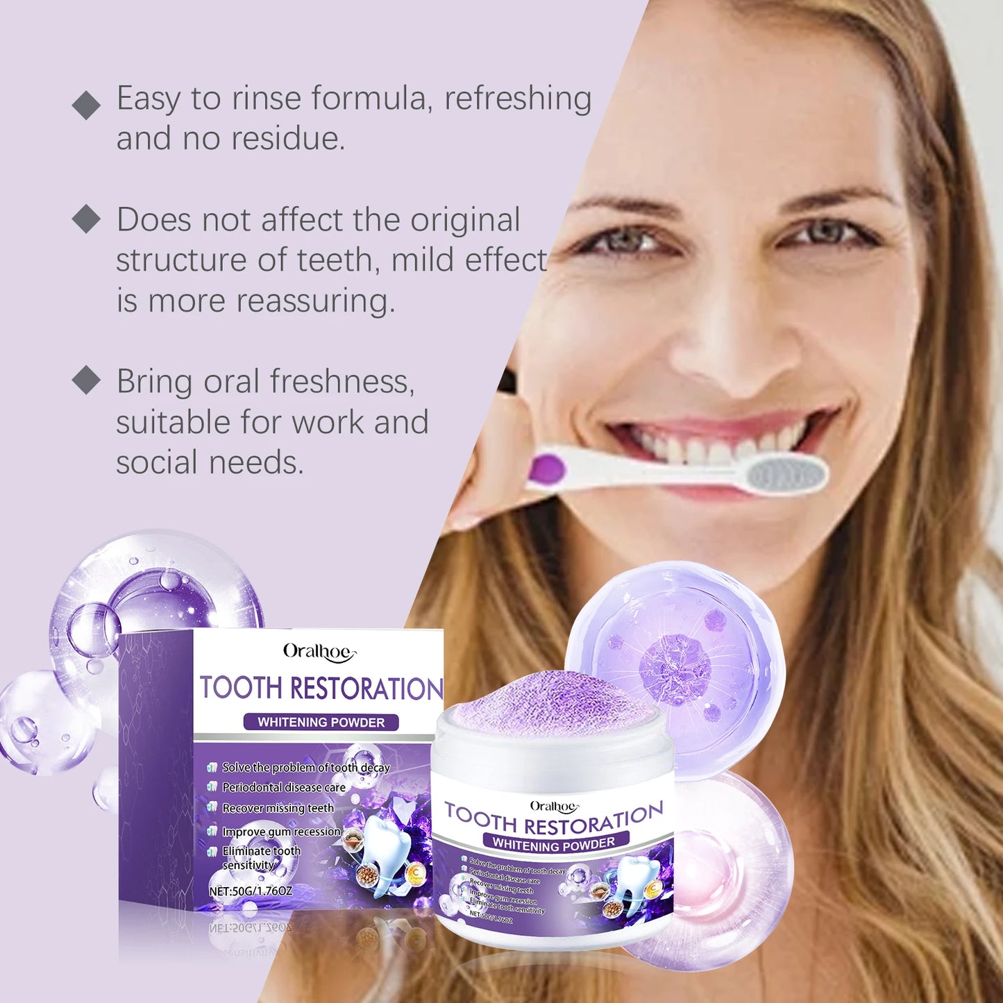 Oralhoe 50g Purple Teeth Bleaching Powder Improve Bad Breath Reduce Plaque Stain Oral Hygiene Care Clean Teeth Whitening Powder