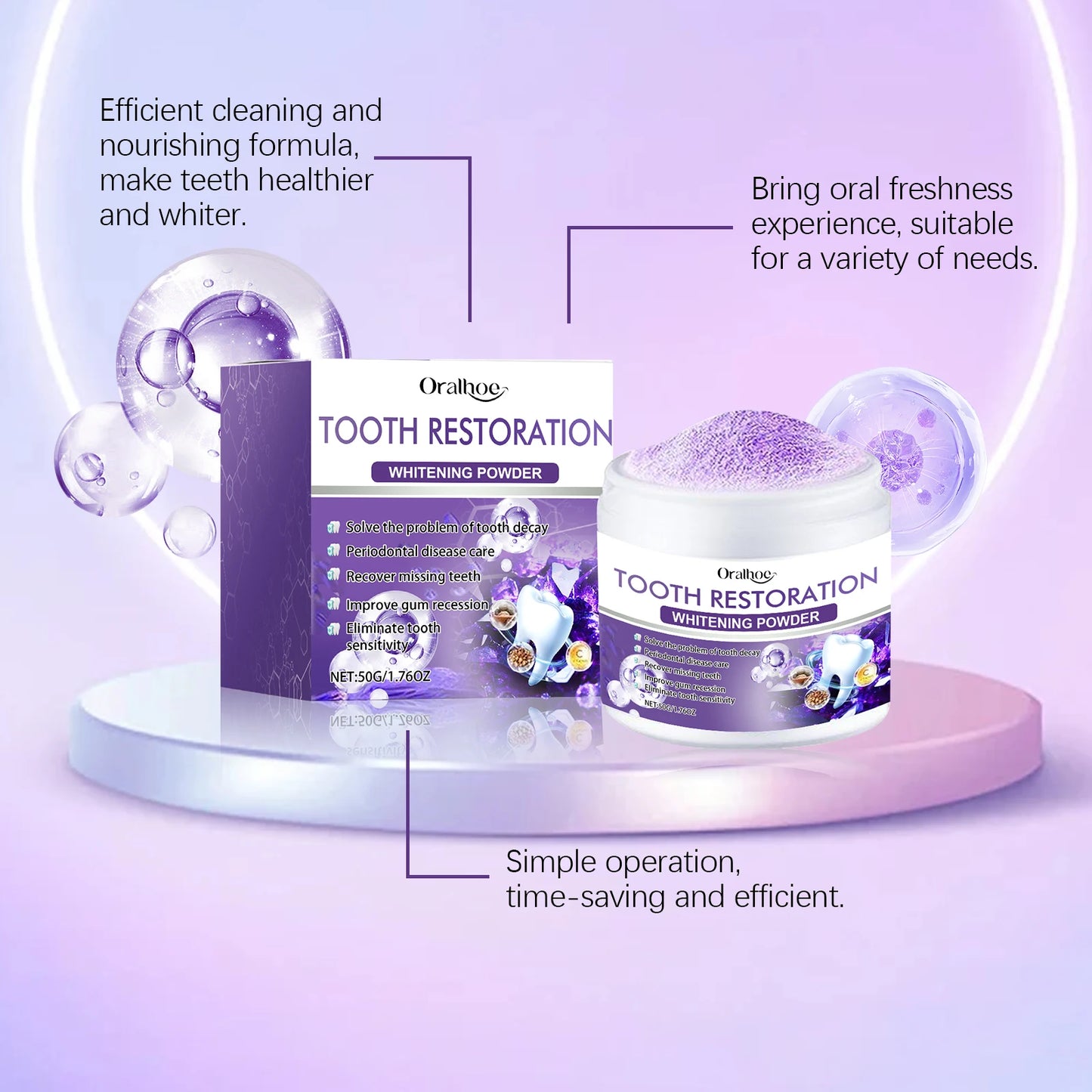Oralhoe 50g Purple Teeth Bleaching Powder Improve Bad Breath Reduce Plaque Stain Oral Hygiene Care Clean Teeth Whitening Powder